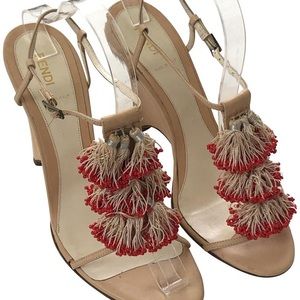 FENDI Red Beaded T-Strap Wedges